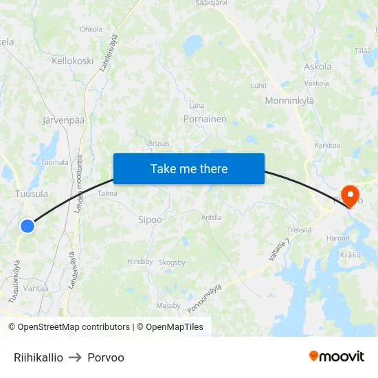Riihikallio to Porvoo map