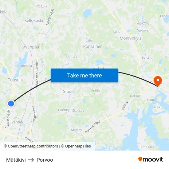 Mätäkivi to Porvoo map