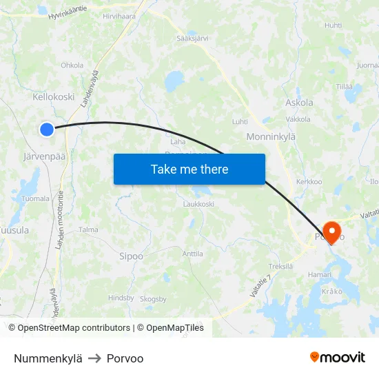 Nummenkylä to Porvoo map