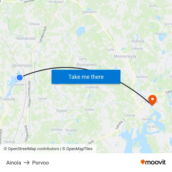 Ainola to Porvoo map