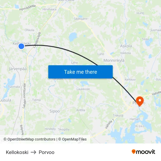 Kellokoski to Porvoo map