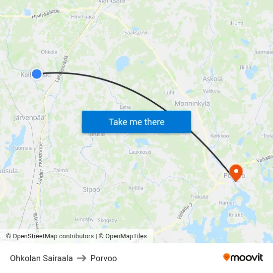 Ohkolan Sairaala to Porvoo map