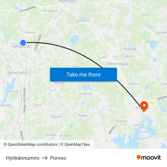 Hyökännummi to Porvoo map