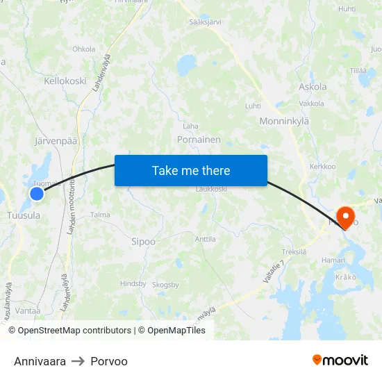 Annivaara to Porvoo map
