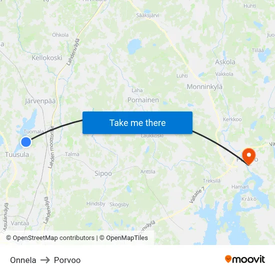 Onnela to Porvoo map
