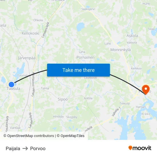 Paijala to Porvoo map