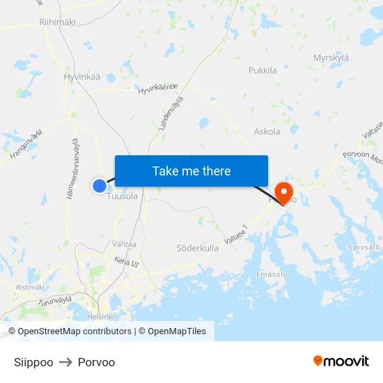 Siippoo to Porvoo map