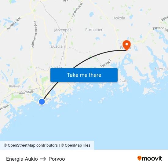 Energia-Aukio to Porvoo map