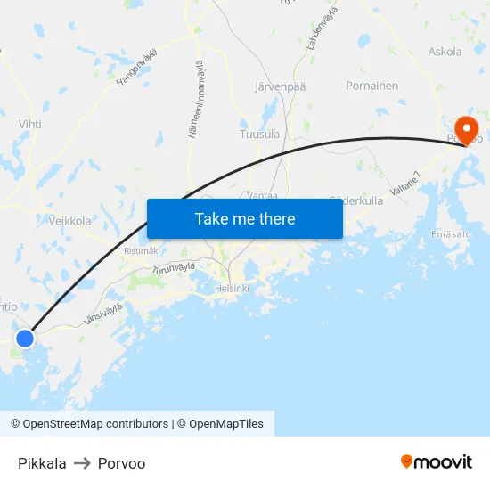Pikkala to Porvoo map