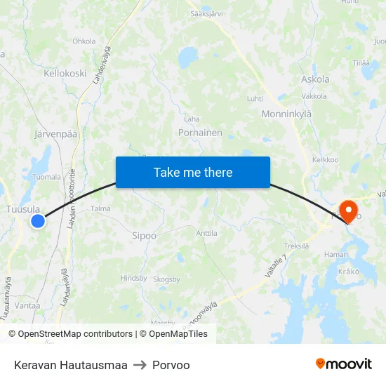 Keravan Hautausmaa to Porvoo map