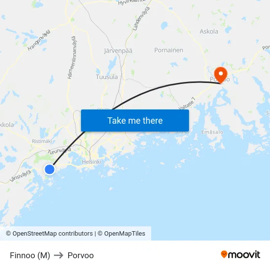 Finnoo (M) to Porvoo map