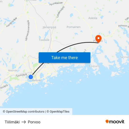 Tiilimäki to Porvoo map