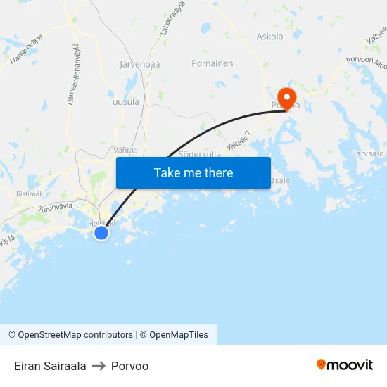Eiran Sairaala to Porvoo map