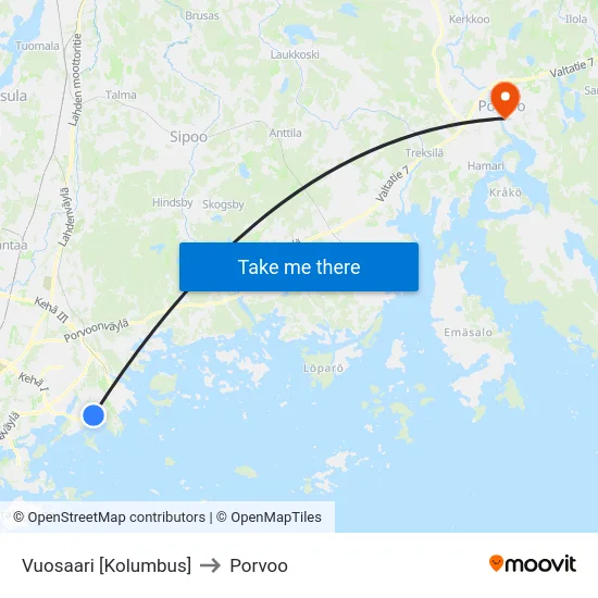 Vuosaari [Kolumbus] to Porvoo map