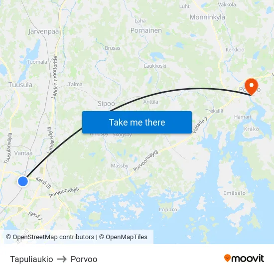 Tapuliaukio to Porvoo map