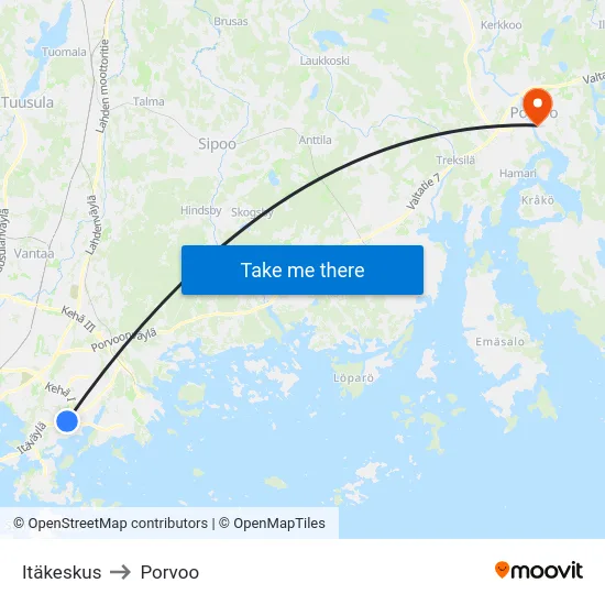 Itäkeskus to Porvoo map