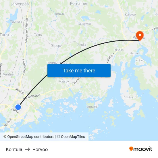 Kontula to Porvoo map