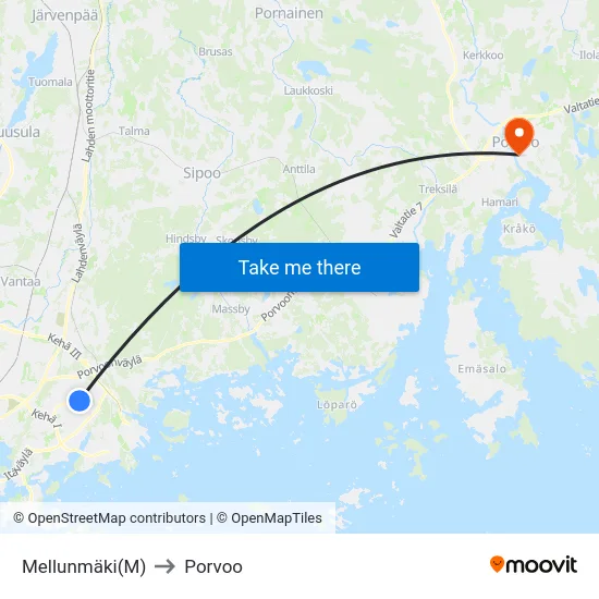 Mellunmäki(M) to Porvoo map