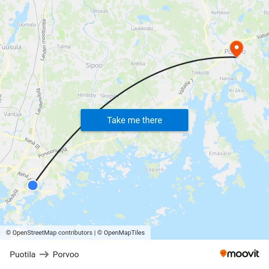 Puotila to Porvoo map