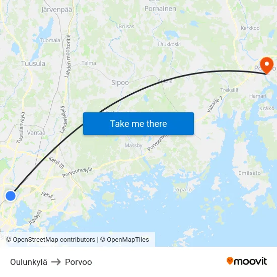 Oulunkylä to Porvoo map
