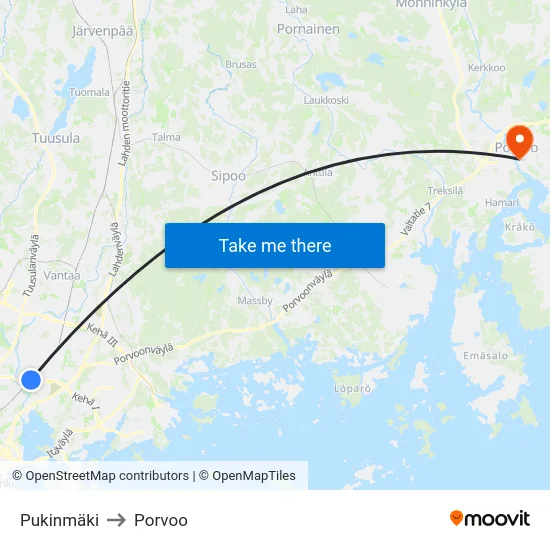 Pukinmäki to Porvoo map
