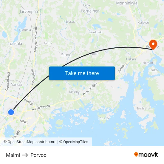 Malmi to Porvoo map