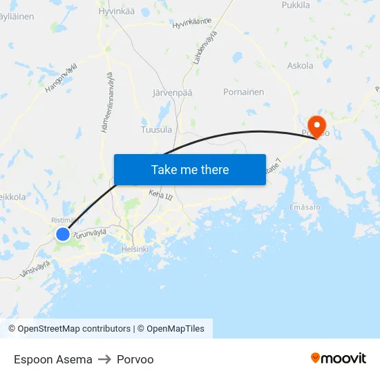 Espoon Asema to Porvoo map