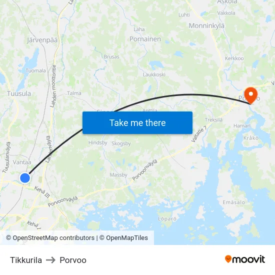 Tikkurila to Porvoo map