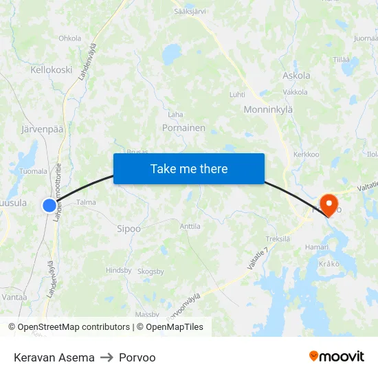 Keravan Asema to Porvoo map