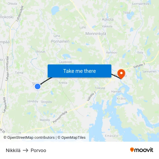 Nikkilä to Porvoo map