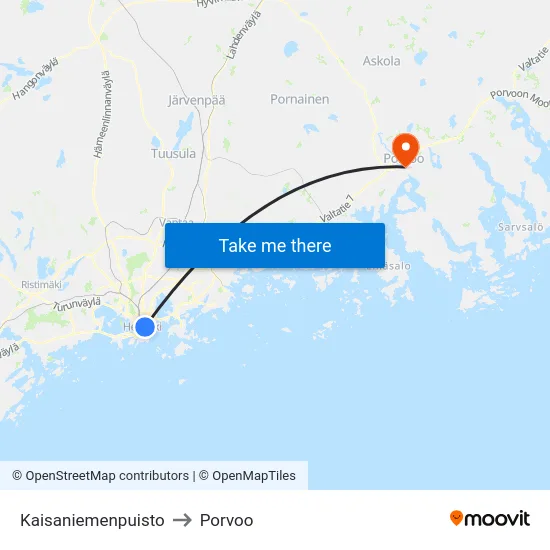 Kaisaniemenpuisto to Porvoo map