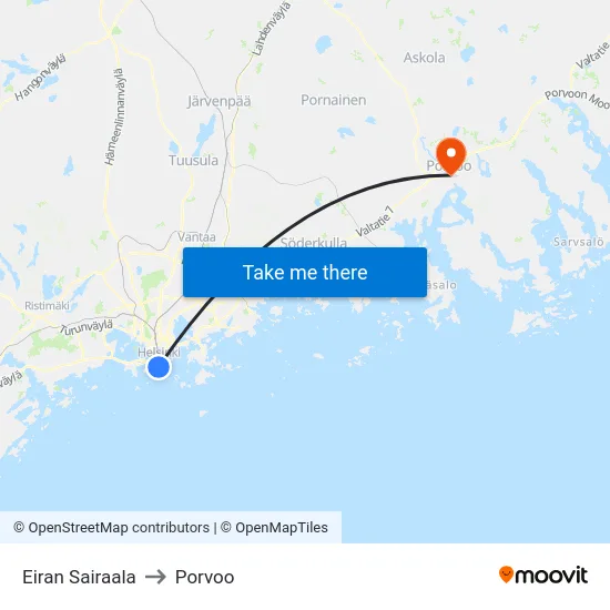Eiran Sairaala to Porvoo map