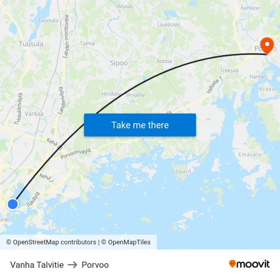 Vanha Talvitie to Porvoo map