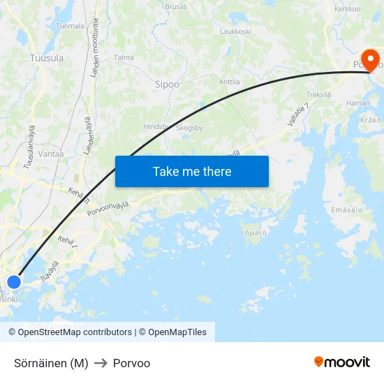 Sörnäinen (M) to Porvoo map
