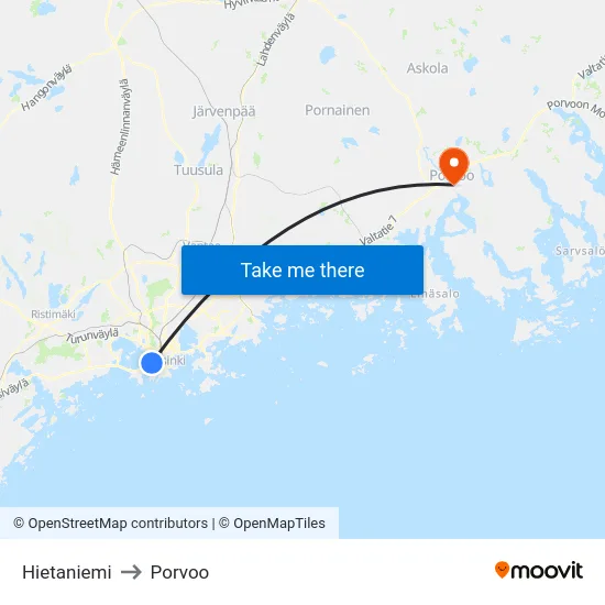 Hietaniemi to Porvoo map