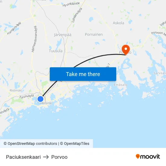 Paciuksenkaari to Porvoo map