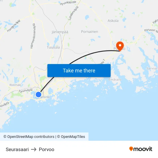 Seurasaari to Porvoo map