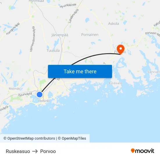 Ruskeasuo to Porvoo map