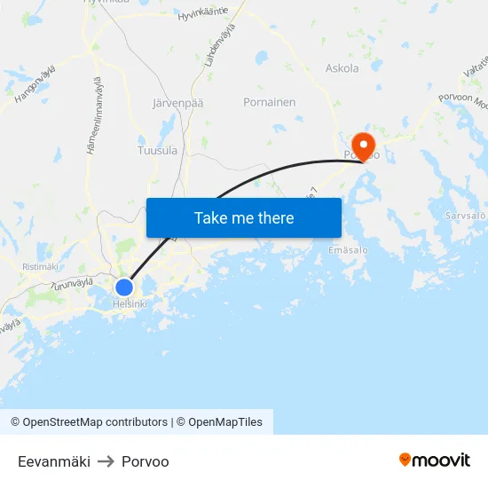 Eevanmäki to Porvoo map