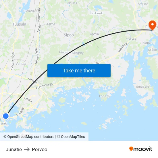 Junatie to Porvoo map