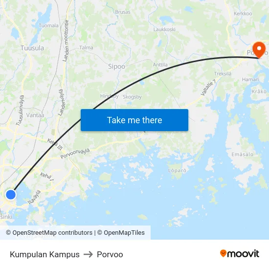Kumpulan Kampus to Porvoo map