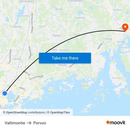 Valtimontie to Porvoo map