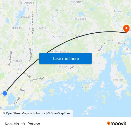 Koskela to Porvoo map