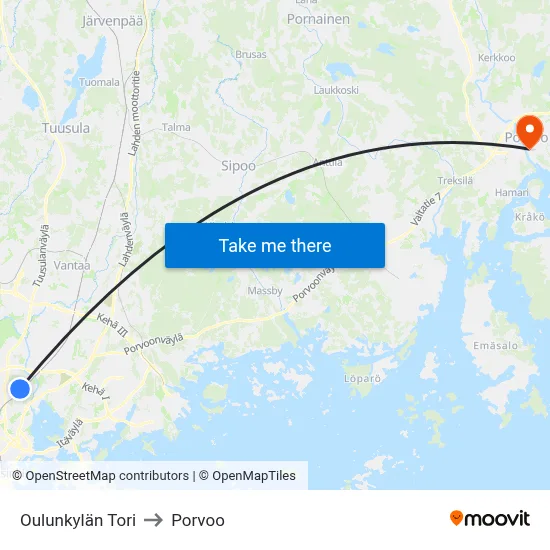 Oulunkylän Tori to Porvoo map