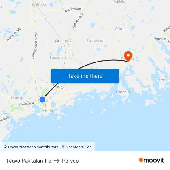 Teuvo Pakkalan Tie to Porvoo map