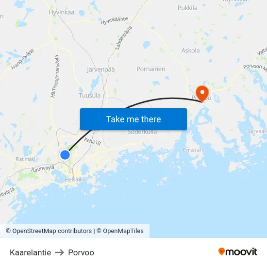 Kaarelantie to Porvoo map