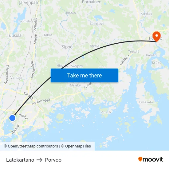 Latokartano to Porvoo map
