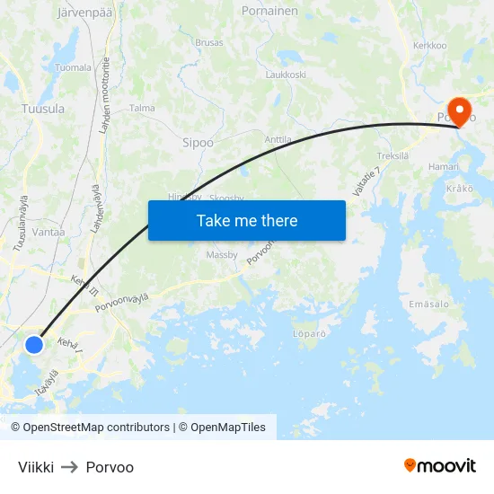 Viikki to Porvoo map