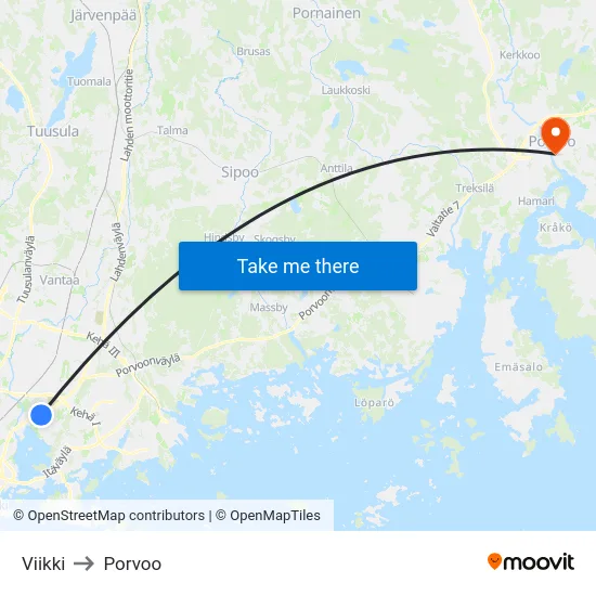 Viikki to Porvoo map