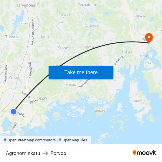 Agronominkatu to Porvoo map